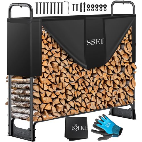 4255598310925 - KESSER® Kaminholzregal Metall Brennholzregal außen Stahlrahmen + Abdeckung & Handschuhe Kaminholzunterstand 200kg Wasserdichter Holzlager Holzstapelhilfe für Garten Terrasse