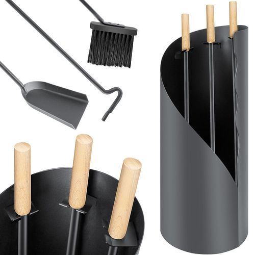 4260729112156 - KESSER® Kaminbesteck Set 4-teiliges Kaminzubehör – Modern Design beschichtet Hochwertige Kamingarnitur aus 4 Teilen Besen Schaufel Schürhaken Ständer Stahl Edelstahlgriffe