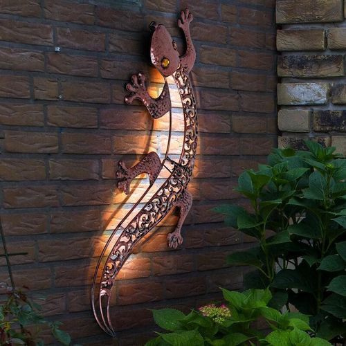 4059157372139 - Etc-shop - Außenlampe braun Wandleuchte Gecko Solarlampe Garten led Terrassenlampe Gartendeko Hauswand Lampe Akku 10x led warmweiß LxBxH 69x36x3 cm