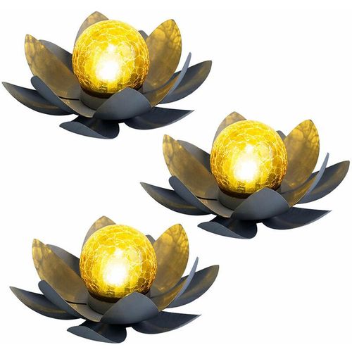 9007371472116 - - Asia Garten Lotusblüte Deko Solar Lotusblüte für Außen Gartenleuchte Deko Leuchten Crackle Glas Metallblätter grau 1x led d 25 cm 3er Set