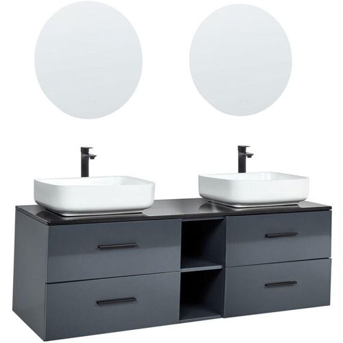 4255664862990 - Beliani - Waschtisch Set Weiß u Schwarz aus mdf Keramik 150 x 49 cm mit Waschbecken Spiegel Badmöbel Badezimmermöbel Badezimmerset