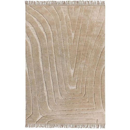 4255664842732 - Teppich Beige Stoff Rechteckig 200 x 300 cm mit Hoch-Tief-Struktur Fransen Maschinengewebt Modern Kurzhaar Fußbodenheizung Geeignet Wohnzimmer