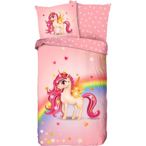 8717285175898 - Kinderbettwäsche GOOD MORNING Little Bettwäsche Gr B L 135 cm x 200 cm 1 St 1 St Renforcé B L 80 cm x 80 cm rosa (rosa multi) Baumwolle 135x200 Reißverschluss Wende Kind Mädchen Einhorn Rosa