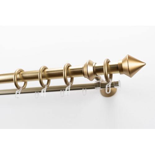 9002777464291 - Gardinenstange GARESA PALMI Gardinenstangen Gr L 480 cm Ø 28 mm 1 St 2 läufig goldfarben (mattmessingfarben) Gardinenstangen nach Maß Vorhanggarnitur Kunststoff verlängerbar Endknopf Spitze mit Ringe