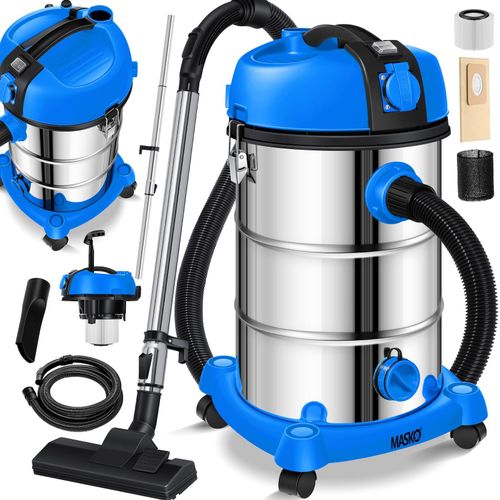 4260598877774 - MASKO® Industriestaubsauger Staubsauger Nass Trocken Sauger Edelstahl 2300W + Steckdose Blasfunktion Trocken-Saugen & Nass-Saugen Push&Clean Industrie-Sauger mit & ohne Beutel beutellos