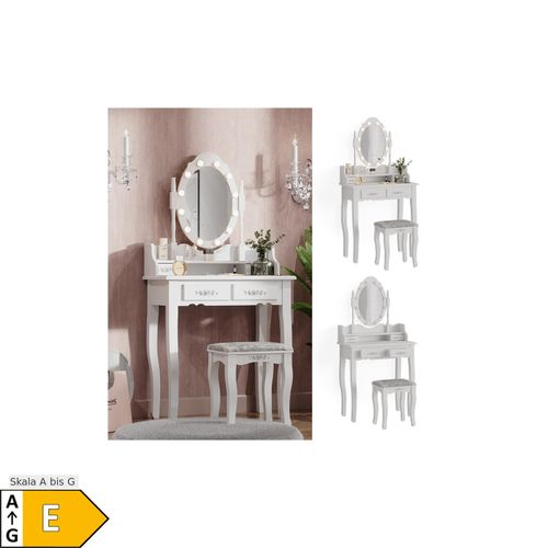 4066731230020 - Schminktisch Frisiertisch Kosmetiktisch Maggie Weiß Schminkspiegel Hocker 75x147 Barock LED Beleuchtung Schlafzimmerkommode Schminkkommode Schublade Aufbewahrung Frisierkommode Make-Up-Tisch