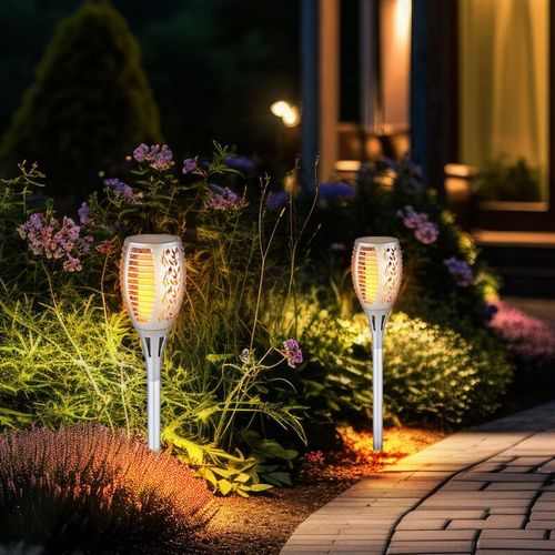 9007371500703 - - Solarlampen für außen Garten Steckleuchte Flammeneffekt IP44 Akku Solarleuchten Garten Kunststoff silber 1x led 3000K DxH 10x58cm 2er Set