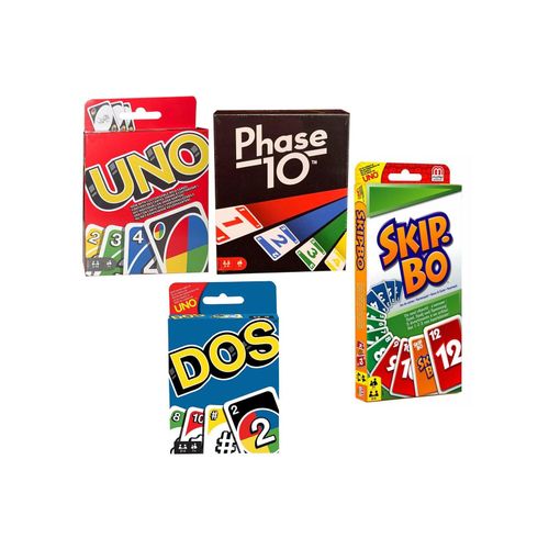 4260625074596 - SPAR-SET 169882 - Mattel - 4er Set Kartenspiele UNO Skip Bo Phase 10 und DOS