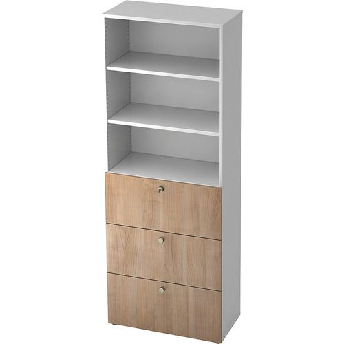 4032062145098 - eurokraft pro Kombi-Schrank 2 Fachböden 3 Hängeregistraturschübe weiß   Nussbaum-Dekor