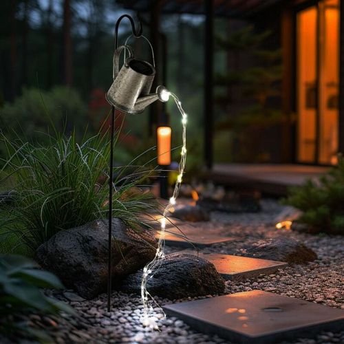 4069033001800 - Nowa - Solarleuchte Gießkanne Solarlampe Gartendeko Erdspieß Gießkanne Außenleuchte Metall schwarz silber 24x led LxBxH 32x32x90 cm