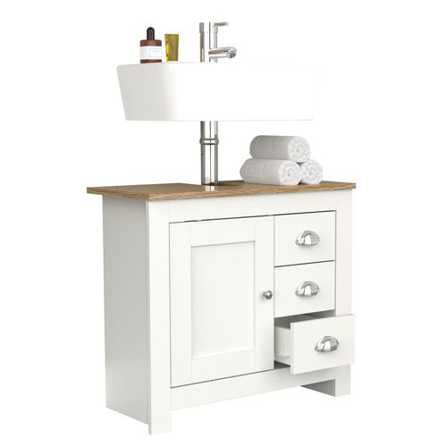 4051814440120 - Holz Waschbeckenunterschrank Badschrank Maße H 58 x B 65 x T 30 cm 1 Drehtür 3 kleine Schubladen - Balusa L