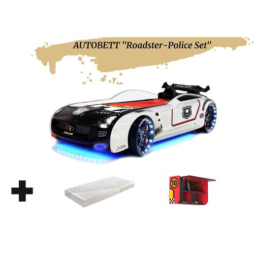 0743194011031 - Autobett Kinderbett Roadster Police LED Sound Sportsitze Lattenrost Spoiler 90x190 cm