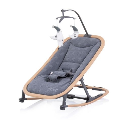 3800931053758 - Babywippe Velvet faltbar Spielbogen Holzoptik Sicherheitsgurt bis 9 kg grau