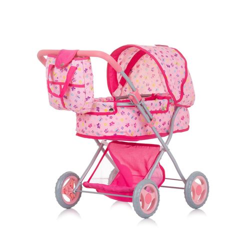 3800931060565 - Puppenwagen Dora Tasche klappbar Softtragetasche Korb Sonnendach rosa Schmetterlinge