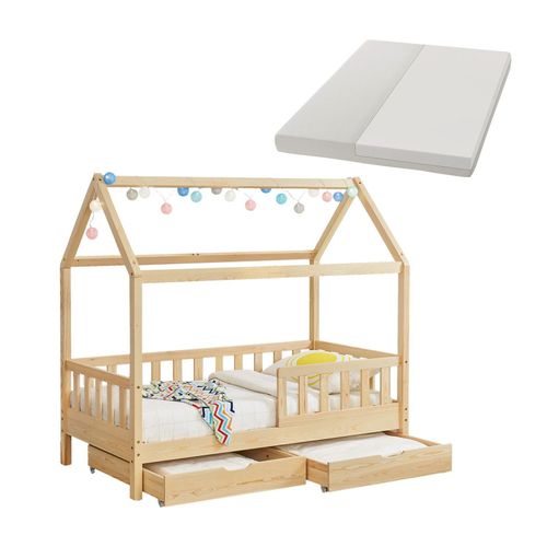 4262437183176 - Kinderbett Marli 80 x 160 cm mit Matratze Bettkasten Gitter Lattenrost & Dach - Bett Natur