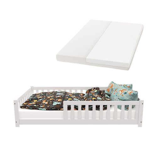 4262437183107 - Kinderbett Naya 120x200 cm - Bett mit Matratze Rausfallschutz & Lattenrost - Bodenbett Weiß 4262437183107 - Kinderbett Naya 120x200 cm - Bett mit Matratze Rausfallschutz & Lattenrost - Bodenbett Weiß