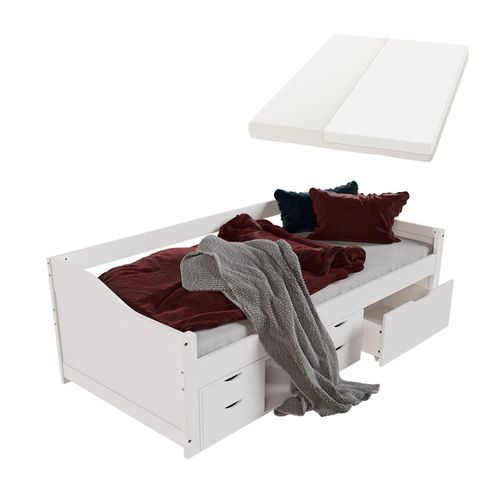 4262437183978 - Funktionsbett Nalu 90x200 cm - Holz Bett mit Matratze Lattenrost & Schubladen - Stauraumbett für Kinder - Jugendbett Kinderbett - Weiß - Juskys 4262437183978 - Funktionsbett Nalu 90x200 cm - Holz Bett mit Matratze Lattenrost & Schubladen - Stauraumbett für Kinder - Jugendbett Kinderbett - Weiß - Juskys