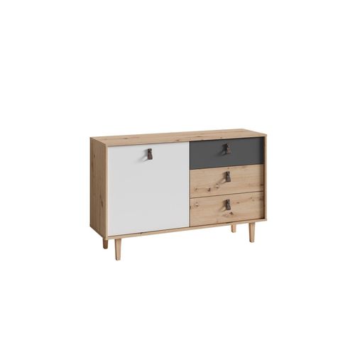 4251942206357 - Byliving - Sideboard bill Kommode Artisan Eiche Optik hellbraun Schrank mit 1 Tür und 3 Schubkästen Fronten in weiß und grau Schlaufen-Griffe 4251942206357 - Byliving - Sideboard bill Kommode Artisan Eiche Optik hellbraun Schrank mit 1 Tür und 3 Schubkästen Fronten in weiß und grau Schlaufen-Griffe