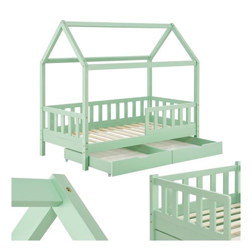 4260565527565 - Kinderbett Marli 90 x 200 cm mit Bettkasten 2-teilig Rausfallschutz Lattenrost & Dach - Massivholz Hausbett für Kinder - Bett in Mint - Juskys 4260565527565 - Kinderbett Marli 90 x 200 cm mit Bettkasten 2-teilig Rausfallschutz Lattenrost & Dach - Massivholz Hausbett für Kinder - Bett in Mint - Juskys