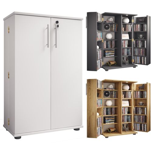 4051814444616 - Holz CD DVD Stand Regal Schrank platzsparender CD Schrank mit 2 abschließbaren Türen für 600 CDs oder 260 DVDs oder 144-Videos Maße H 93 x B 60 x T 31 cm 20 variable Einlegeböden – Engalo XL