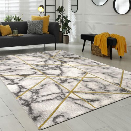 4061981081187 - Teppich Wohnzimmer Kurzflor Modernes Marmor Design Geometrisch Grau Gold 120x170 cm - Paco Home