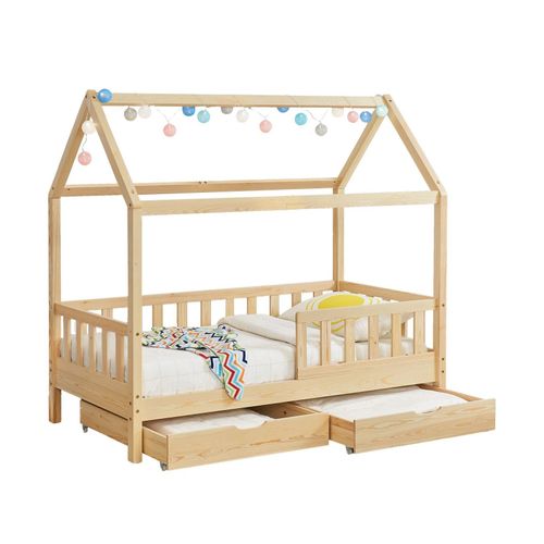 4260565527541 - Kinderbett Marli 90 x 200 cm mit Bettkasten 2-teilig Rausfallschutz Lattenrost & Dach - Massivholz Hausbett für Kinder - Bett in Natur - Juskys 4260565527541 - Kinderbett Marli 90 x 200 cm mit Bettkasten 2-teilig Rausfallschutz Lattenrost & Dach - Massivholz Hausbett für Kinder - Bett in Natur - Juskys