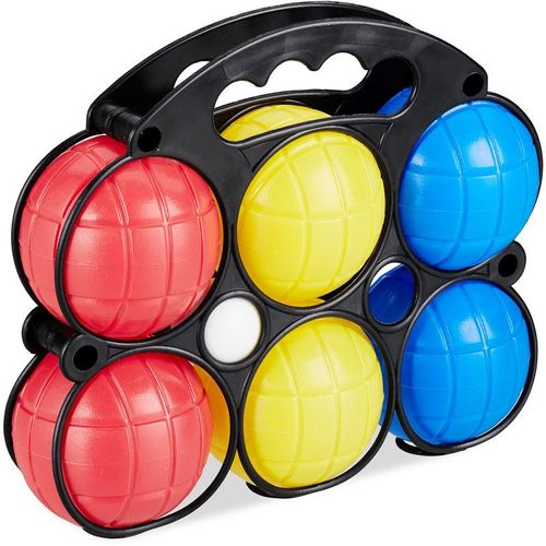 4052025235178 - Relaxdays Boccia Spiel 6 Petanque Kugeln in 3 Farben Kunststoff mit Zielkugel & Tragekorb Boule Set für Kinder bunt