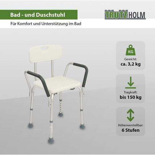 4260211552743 - Trutzholm ® - Duschstuhl mit Rückenlehne + Armlehnen Badhocker höhenverstellbar 150 Kg Duschhocker