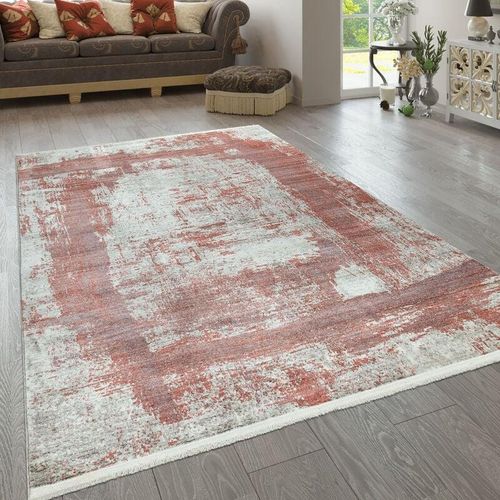 4061981075537 - Kurzflor Teppich Rot Beige Wohnzimmer Abstraktes Karo Design Used Look Viereck 120x170 cm - Paco Home