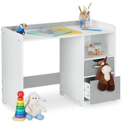 4052025377755 - Relaxdays Schreibtisch Kinder HBT 60 x 80 x 38 cm 2 Schubladen offenes Fach Tischrand Kinderschreibtisch weiß grau