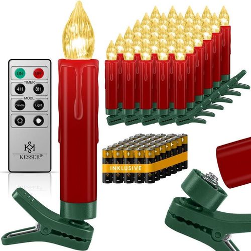 4260751943919 - KESSER® Weihnachtsbaumkerzen 20 LED Inkl Batterien Kabellos - Warmweiß - mit Fernbedienung Funk - Timerfunktion - Flackern - Dimmbar Weihnachtskerzen Christbaumkerzen Befestigungsklammern Kerzen