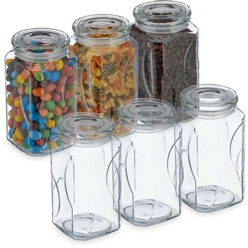 4052025432256 - Vorratsgläser mit Deckel 6er Set Glas 1000 ml eckige Vorratsdosen luftdichte Glasbehälter transparent - Relaxdays