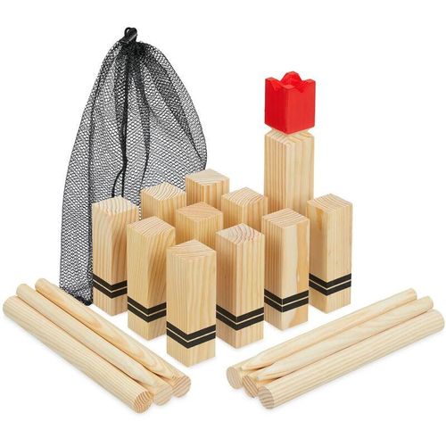 4052025450236 - Wikinger Spiel Outdoor Wurfspiel Kinder & Erwachsene Holz Schwedenschach 21 Spielfiguren Beutel natur - Relaxdays