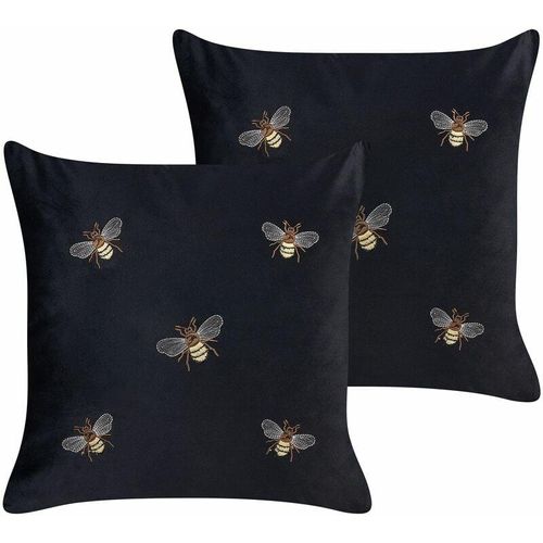 4255664822277 - Beliani - Dekokissen 2er Set Schwarz Samtstoff 45 x 45 cm Quadratisch mit Stickerei Bienenmotiv Reißverschluss Modern Glam Wohnzimmer Schlafzimmer