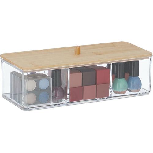 4052025430368 - Make Up Organizer mit Bambusdeckel 3 Fächer Kunststoff Aufbewahrung Haargummis Kosmetik transparent natur - Relaxdays