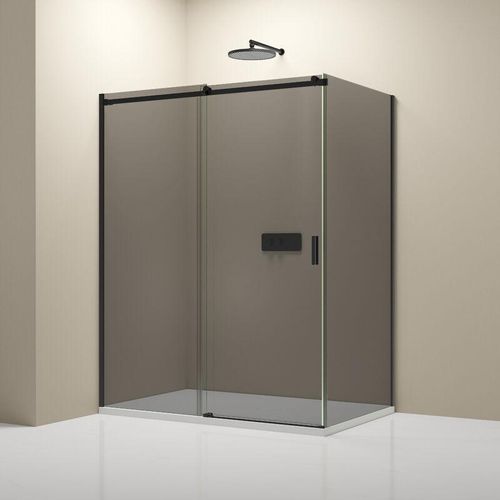 4255624406899 - - Eckdusche mit Schiebetür NT806 flex Schwarz matt - Nano Graues Glas - Glasstärke wählbar 120cm 80cm 6mm ESG-Sicherheitsglas