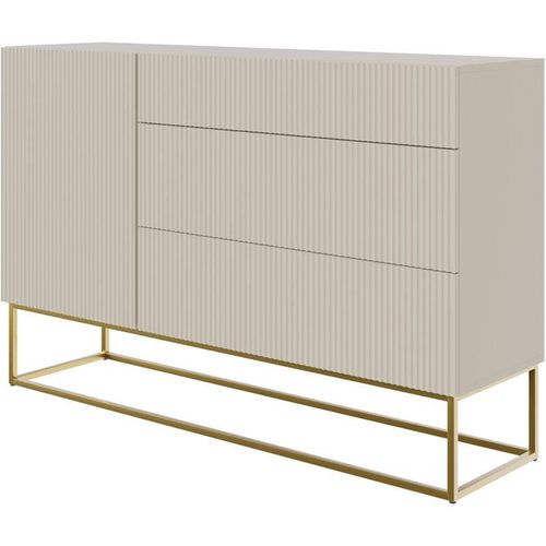 5905386047593 - Veldio - Sideboard Kommode mit 3 Schubladen Graubeige Taupe mit goldenem Metallgestell 140 cm breit - Selsey