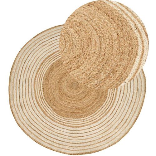 4255664845221 - Teppich Beige   Cremeweiß Jute und Baumwolle Rund ⌀ 140 cm Kurzflor mit Kreisen Handgewebt Boho für Fußbodenheizung Flur Wohnzimmer Esszimmer