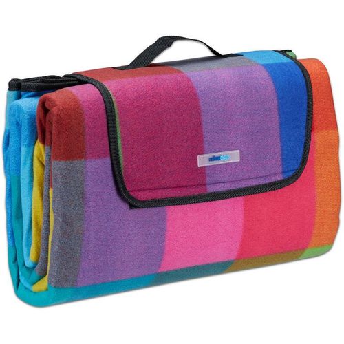 4052025259914 - Picknickdecke xxl 200 x 200 cm Fleece Stranddecke wärmeisoliert wasserdicht mit Tragegriff bunt kariert - Relaxdays