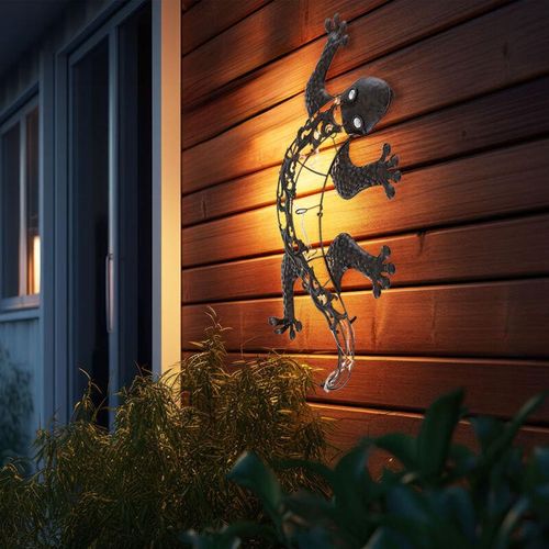 9007371511457 - - Solar Wandlampen für Außen Tier Gartenfigur Gecko Solarleuchte Figur für die Wandmontage Metall bronzefarben je 1x led BxH 50x25 cm