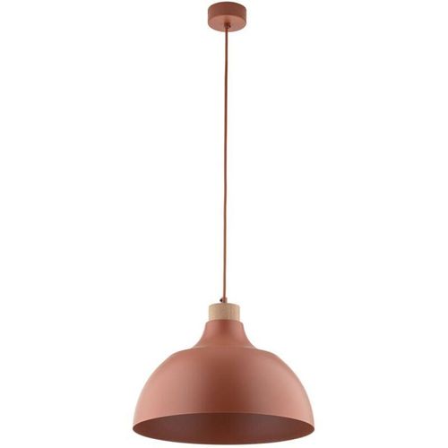 4255596700377 - Licht-erlebnisse - Hängelampe Metall E27 rund d 34 cm h max 170 cm Ziegelrot Holz hell Retro Design Hängeleuchte