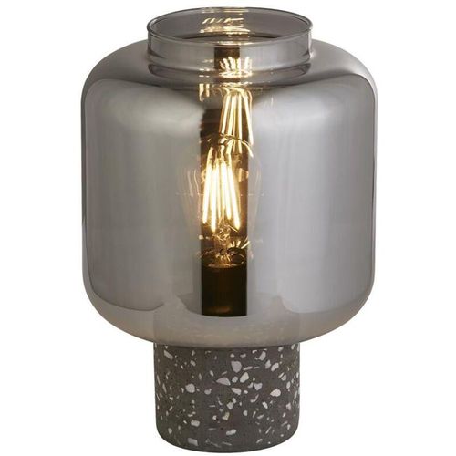 4255596679802 - Licht-erlebnisse - Tischlampe Beton Rauchglas E27 ø 20 cm 28 cm hoch Grau mit Terrazzo Effekt Rauchgrau rund