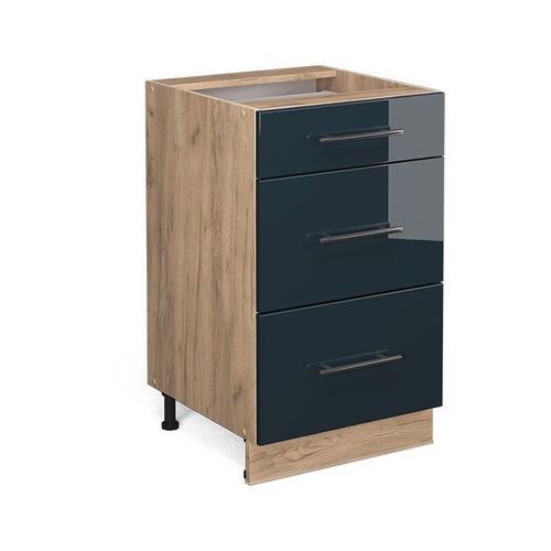 4066731407095 - Schubladenunterschrank Fame-Line Eiche Dunkelblau Hochglanz 50 cm mit Arbeitsplatte Weiß-Marmor