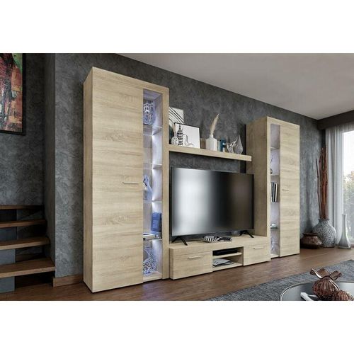 5905351295516 - Furnix - Mediawand marcuss xl Wohnwand TV-Schrank Vitrine Regal 4-tlg 300cm Eiche Sonoma