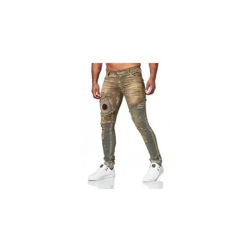 4057651450407 - Slim-fit-Jeans KINGZ Herren Gr S Länge 34 grün (grün blau) 70% Baumwolle 27% Polyester 3% Elasthan Batikmuster Jeans in lässigem Design