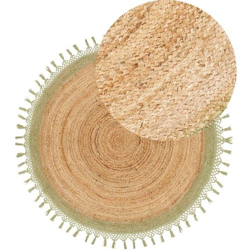 4255664830494 - Beliani - Teppich Beige und Grün Rund 140 cm Boho Rustikale Spirale Geflochten Handgefertigt Natur Jute Schlafzimmer Wohnzimmer