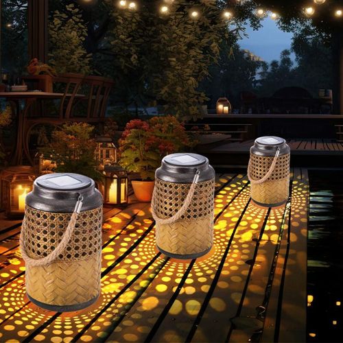 4048194087151 - Gartenlampe Solar Laterne Bambus Außen Boho Deko Solarleuchte Solarlaternen für Außen Garten Außenlampe hängend stehend led DxH 12 x 16 cm 3er Set