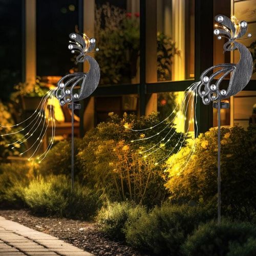 9007371498437 - Solarstecker Garten Steckleuchte Solarlampe für Außen Gartendeko Pfau Design Metall Kunststoff LED 3000K LxBxH 175x45x88 cm 2er Set