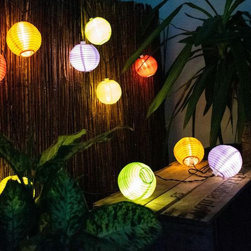 4059157383173 - Etc-shop - Lichterkette Solar Solarleuchte Erdspieß Leuchtkette Lampion bunt Textil 10x led 006 Watt warmweiß l 430 cm