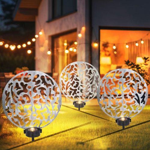 9007371505999 - Solar Steckleuchte Solarlampe rund Außenlampe Gartendeko Erdspieß Lichteffekt Metall silber antik 2x LED warmweiß LxBxH 30x10x41 cm 3er Set